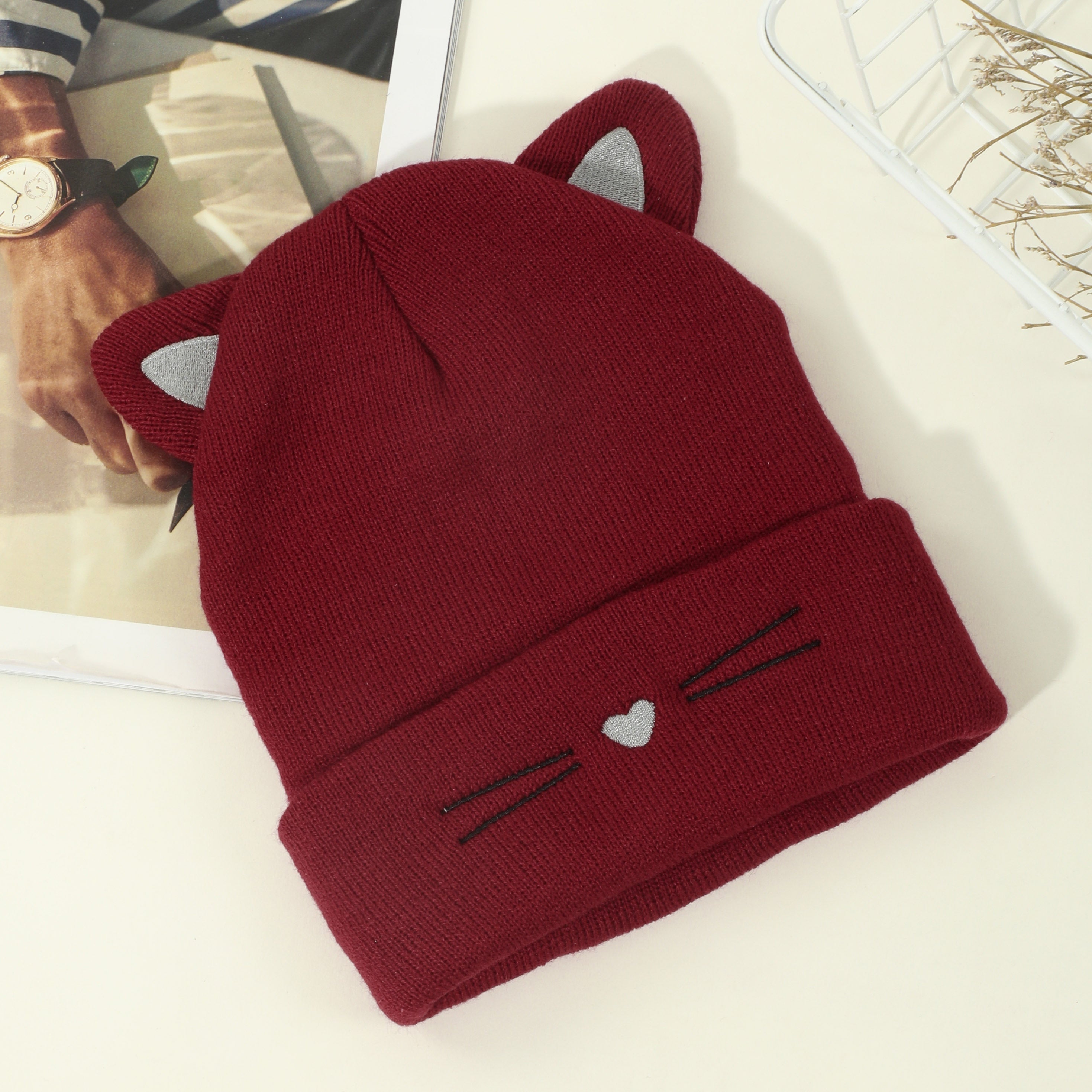 Cute Cat Beanie With Ears Trendy Solid Color Elastic Knit Hats Winter Warm Skull Cap Coldproof Beanies For Women