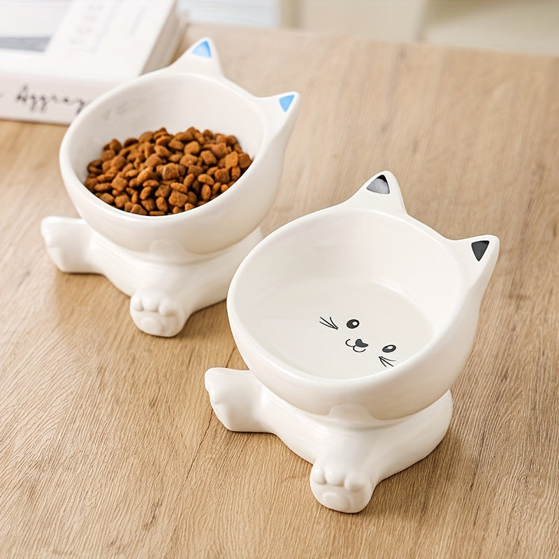 Adorable Cartoon Cat Ceramic Bowl - Elevated, Anti-Spill & Neck Supportive - Tilted Design for Healthy Feeding, Ideal Cat Water Dish