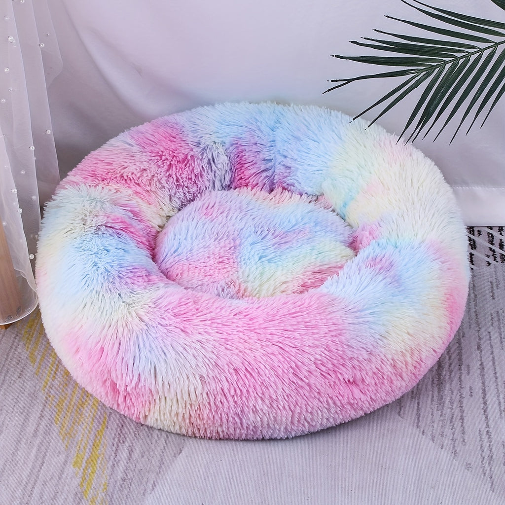 1pc Round Plush Gradient Color Calming Cat Bed, Machine Washable, Four Seasons Warm Comfortable Soft Nest, Suitable for Small and Medium Dogs and Cats, Pet Bed