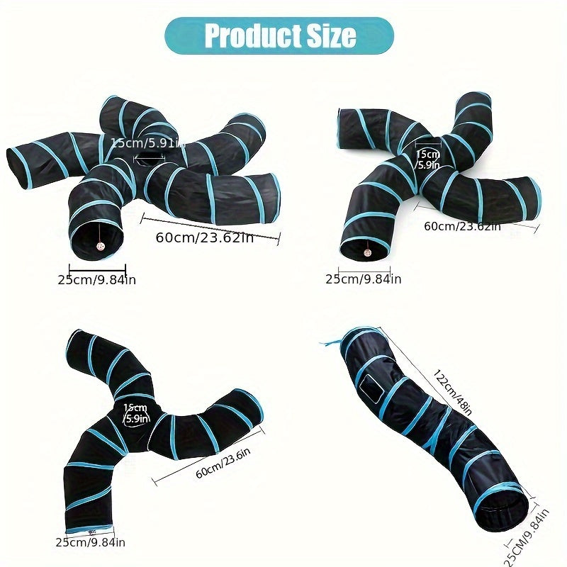 Large Collapsible Cat Tunnel with Play Ball & Interactive Peek Holes - Multi-Level Tunnel System for Indoor Cats, Kittens, Small Dogs - Heavy-Duty Tube with Blue Piping, Portable Hideout for Play & (Easy Assembly