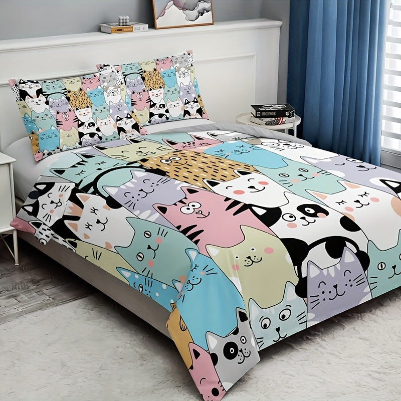3pcs Fashion Duvet Cover Set, Cute Cartoon Cat Print Bedding Set, Soft Comfortable Breathable Duvet Cover, For Bedroom Guest Room Decor (1*Duvet Cover + 2*Pillowcase, Without Core)