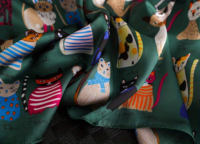 Cartoon Cat Pattern Polyester Square Scarf for Women, Cute Style, Decorative & Windproof, Breathable, Non-Elastic, with Hand Wash/Dry Clean for Parties