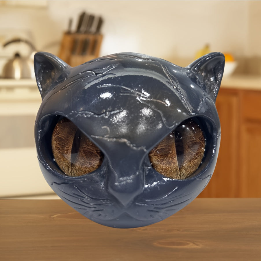 1pc Hand-Carved Resin Black Cat Stone Sculpture - Elegant Marble-Like Texture with Golden Marble Eyes, Intricate Feline Face & Expressive Eyes, Mini Cat Figurine for Home Decor, Gift for Cat Lovers (No Electricity Needed) - D