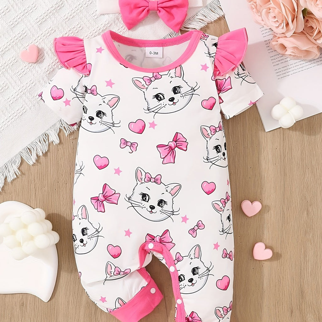 Newborn Baby Girls Cute Cartoon Cat Print Short-sleeved Comfortable Jumpsuit With Bow Headband Baby Summer Clothing
