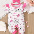 Newborn Baby Girls Cute Cartoon Cat Print Short-sleeved Comfortable Jumpsuit With Bow Headband Baby Summer Clothing