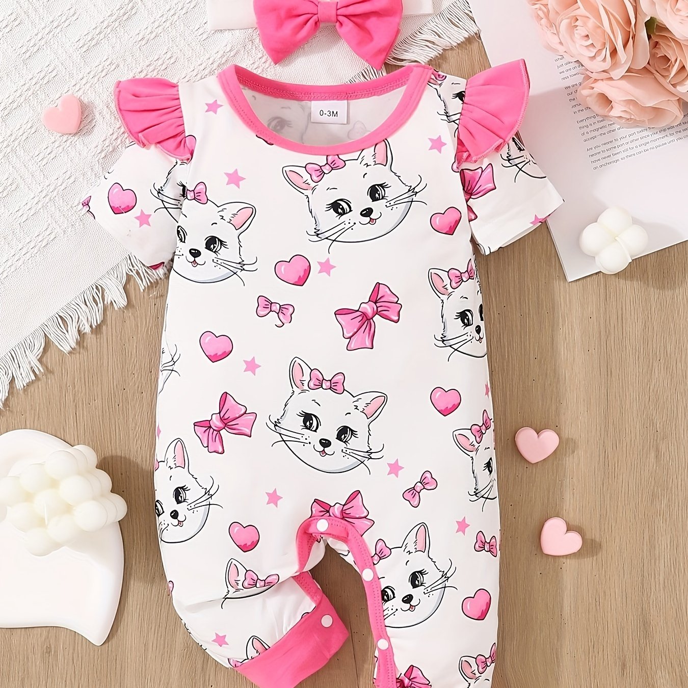 Newborn Baby Girls Cute Cartoon Cat Print Short-sleeved Comfortable Jumpsuit With Bow Headband Baby Summer Clothing