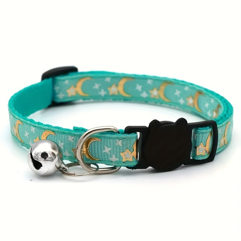 Stylish Adjustable Breakaway Cat Collar with Bell - Polyester Geometric Moon Star Pattern Necklace - Durable, Comfortable, and Safe for Your Feline Friend