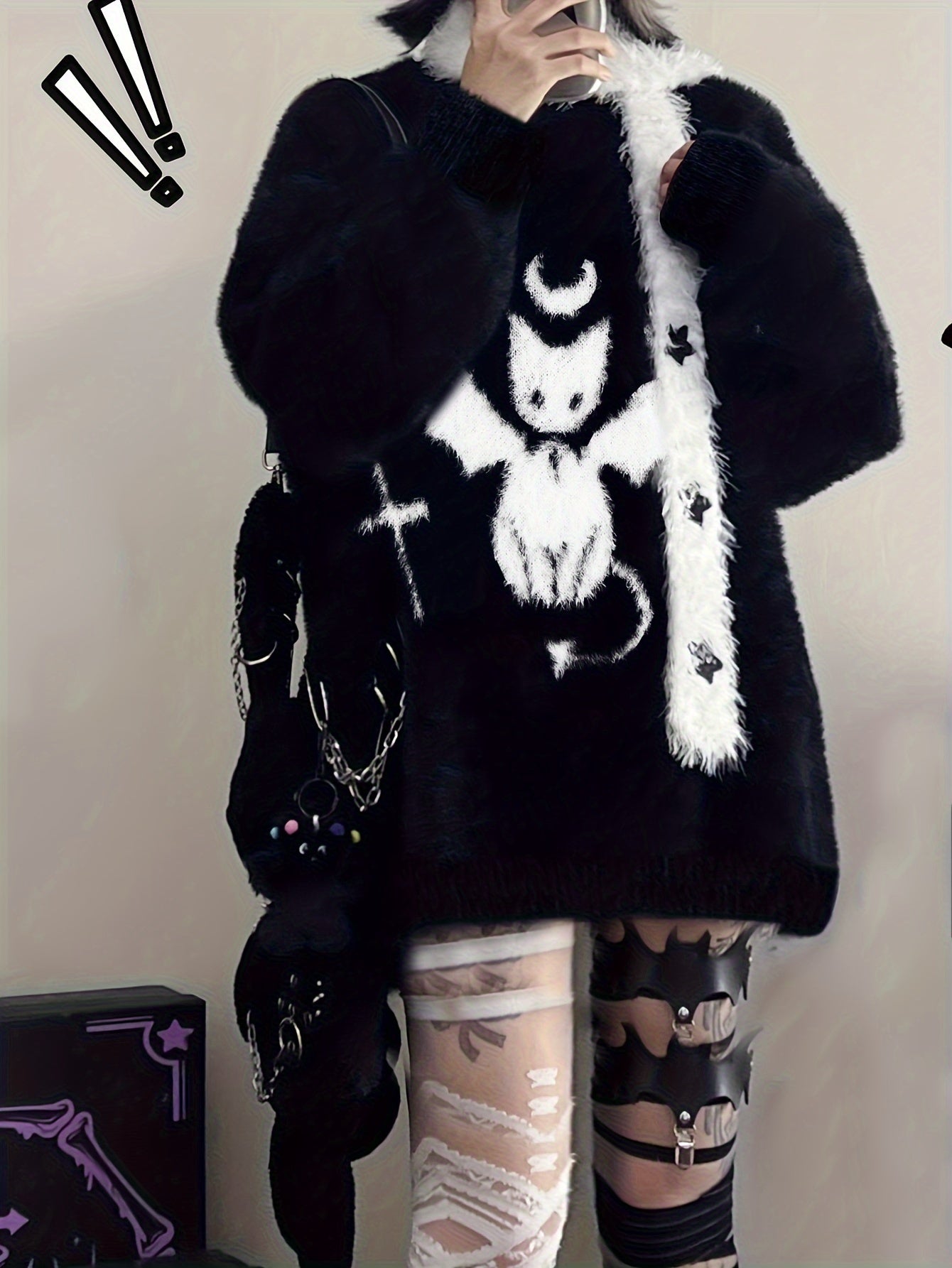 Cute Cat Pattern Plush Pullover Sweater, Casual Long Sleeve Loose Cozy Sweater, Women's Clothing