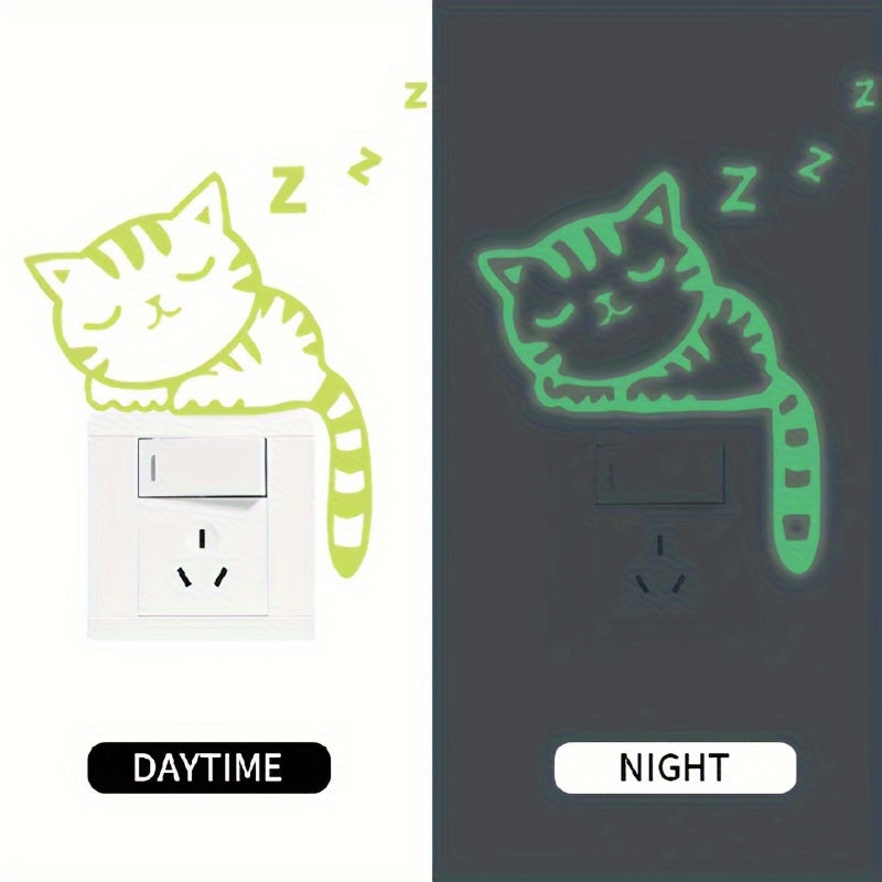 Removable Glow-in-the-Dark Cat Wall Stickers Compatible for Switches & Outlets - Cute Kitten Vinyl Decals with Night Glow, Peel & Stick for Switch Plates in Rooms,, Living Room Decor (No Residue)