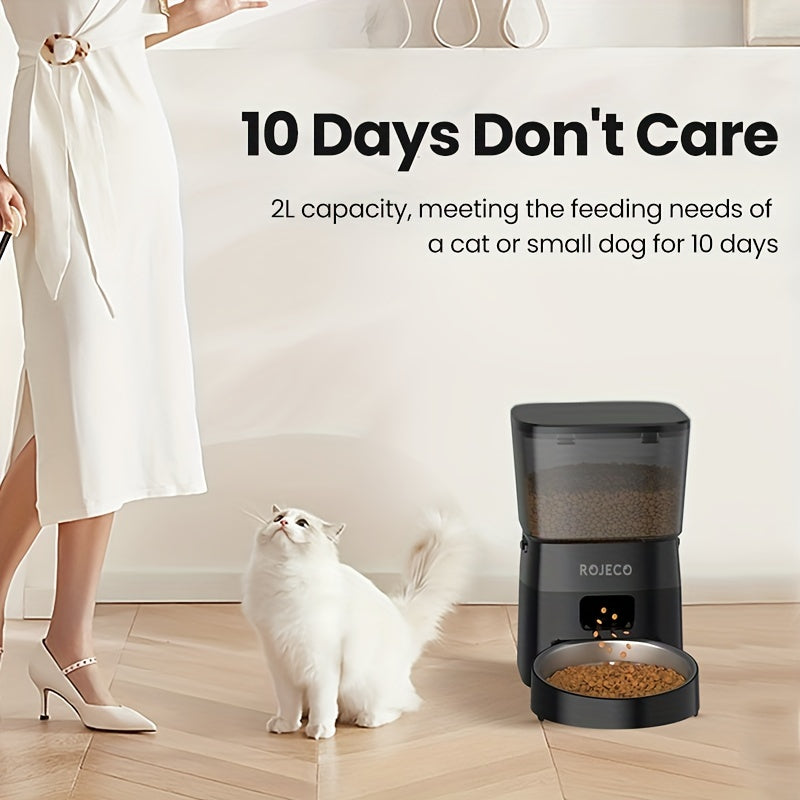 ROJECO Automatic Cat Food Dispenser, 2L Auto Cat Feeder, Timed Cat Feeder Program 1-6 Meals Control, Automatic Cat Feeder With Stainless Steel Bowl & Dual Power Supply, Automatic Pet Feeder For Cats & Dogs, No Adapter Include