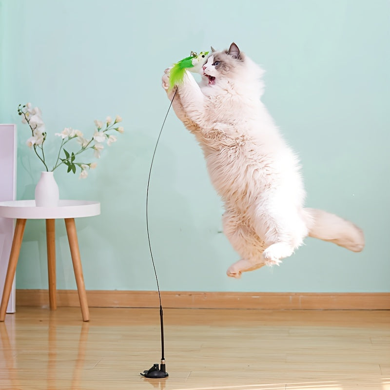 1pc Feather Decor Cat Wire Teaser Stick With Suction Cup For Cat Interactive Supply