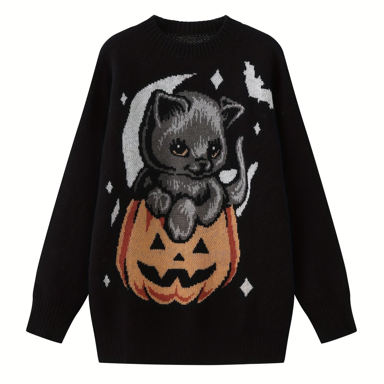 Y2K Pumpkin & Cat Pattern Knit Sweater, Casual Long Sleeve Pullover Sweater, Women's Clothing