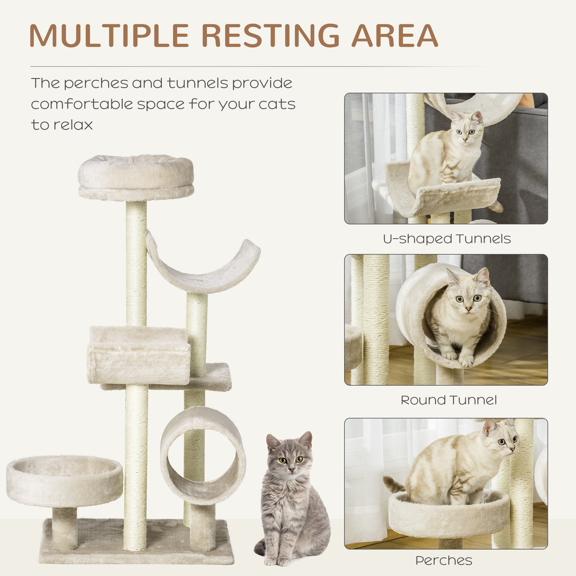 Cat Tree for Indoor Cats Kitten Pet Scratching Post Perch Activity Center Scratcher Climb Post Play House Arch with Tunnel 105cm Tall Beige