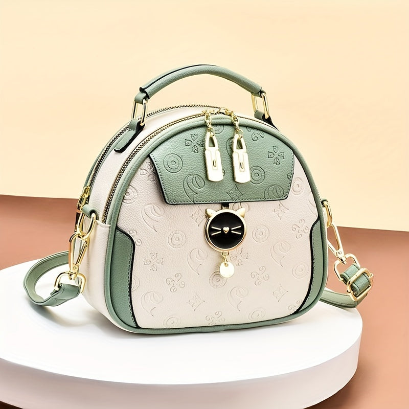 Small Geometric Embossed Crossbody Cat Dome Shoulder Purse - Color Contrast, Cute, Stylish, and Spacious Handbag for Women - Perfect for Daily Use, Travel, and Outdoor Activities