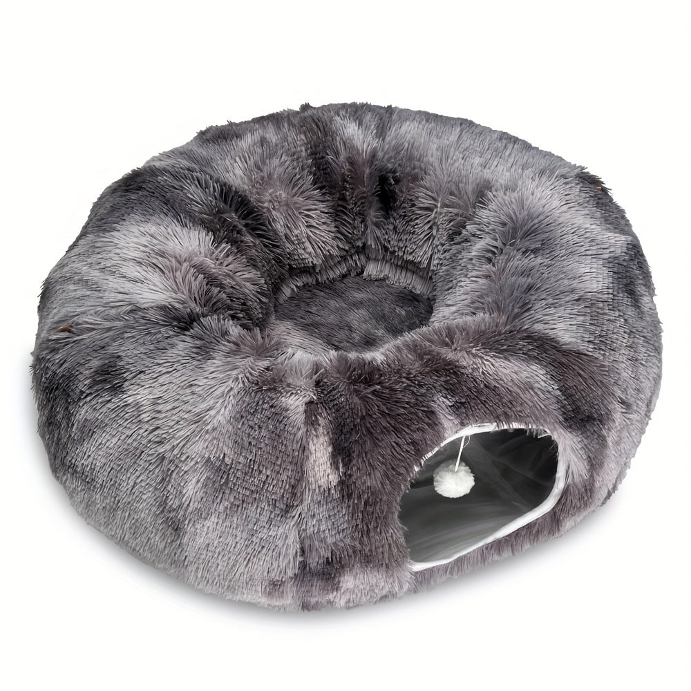 Plush 2in1 Cat Tunnel Bed | Winter Warm Donut-Style Cozy Nest with Enclosed Hideaway, Peekaboo Hole & Hanging Pom Pom Toy, Extra Thick Soft Pet Bed for Anxiety Relief and Deep Sleep, Non Slip Bottom, Perfect for Multi Cat Pla
