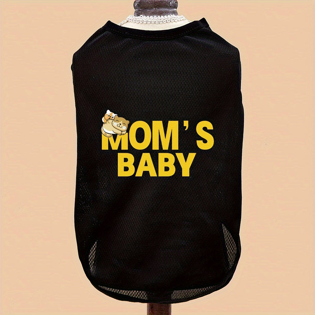 Pet Summer Vest Shirt for Small, Medium Dogs and Cats - Breathable Knitted Polyester Tee for Spring, Autumn - Hand Wash Only Pullover Top for Puppies, Kittens - Black 'Mom's Baby' Dog T-Shirt