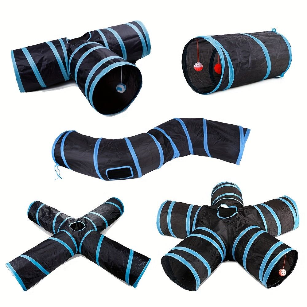 Large Collapsible Cat Tunnel with Play Ball & Interactive Peek Holes - Multi-Level Tunnel System for Indoor Cats, Kittens, Small Dogs - Heavy-Duty Tube with Blue Piping, Portable Hideout for Play & (Easy Assembly