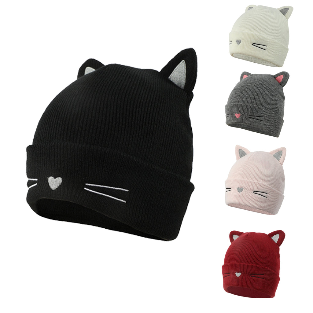 Cute Cat Beanie With Ears Trendy Solid Color Elastic Knit Hats Winter Warm Skull Cap Coldproof Beanies For Women