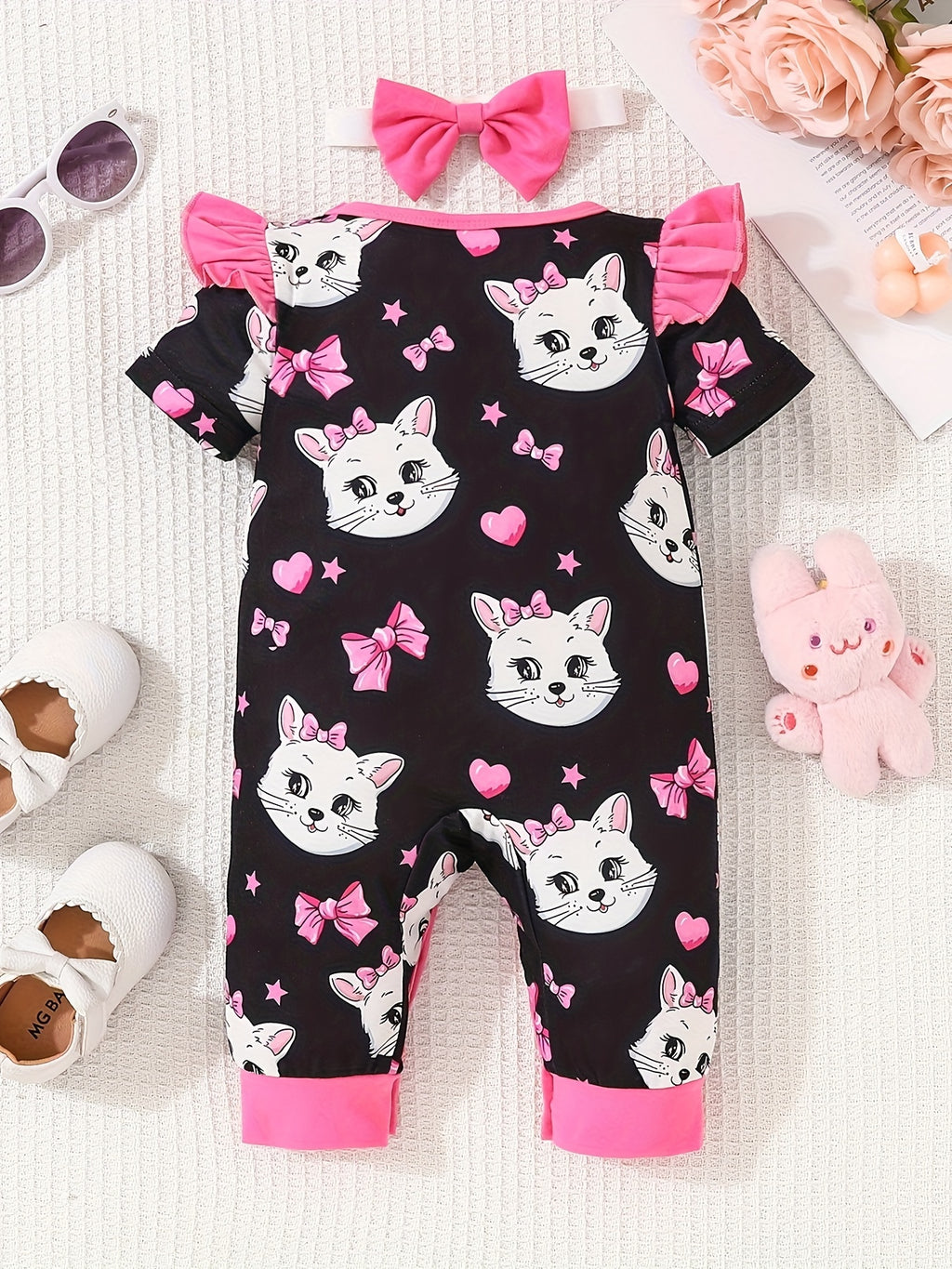 Newborn Baby Girls Cute Cartoon Cat Print Short-sleeved Comfortable Jumpsuit With Bow Headband Baby Summer Clothing