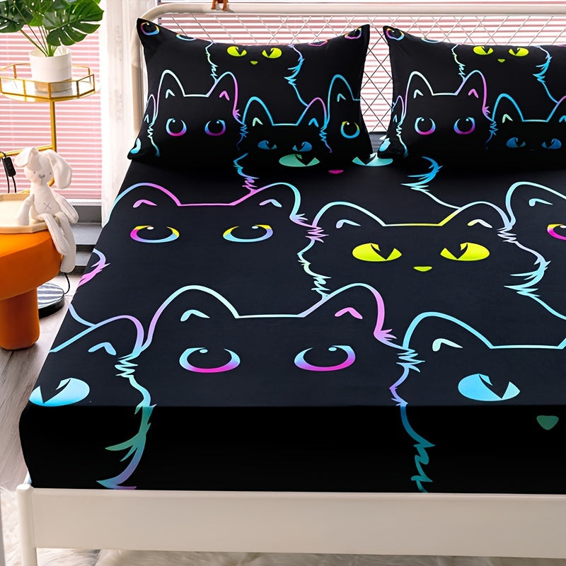 3pcs Novel Cute Cat Fitted Sheet Set, Dustproof Non-slip All Season Mattress Protector, Soft Comfortable Breathable Bedding Set With Deep Pocket, For Bedroom Guest Room Decor (1* Fitted Sheet + 2*Pillowcases, Without Core)