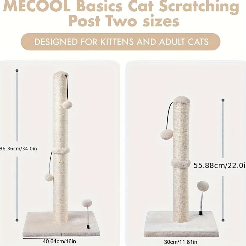 MECOOL 86.36cm Tall Cat Scratching Post with Hanging Balls - Sisal Scratch Pole for Adult Cats and Kittens