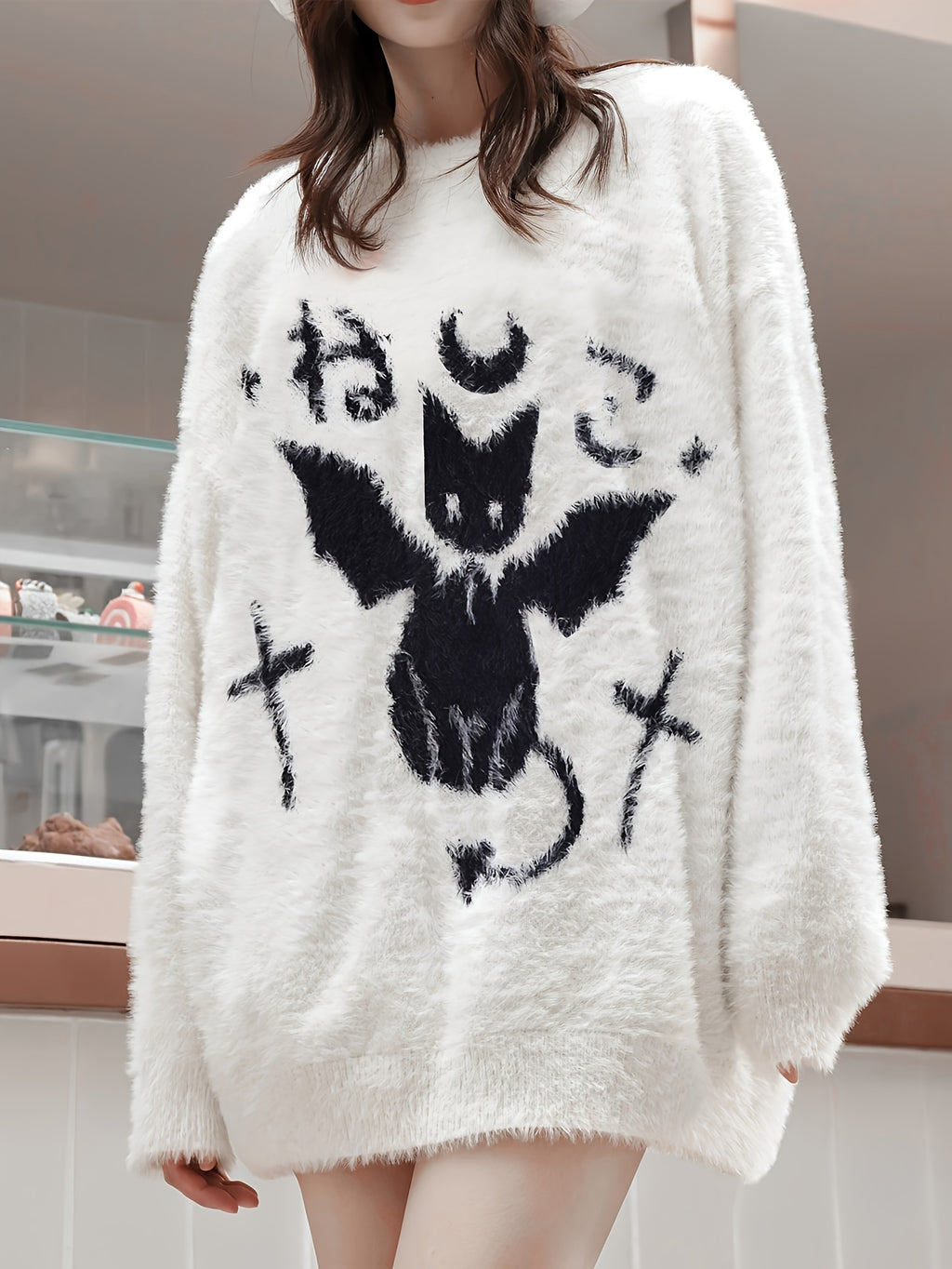 Cute Cat Pattern Plush Pullover Sweater, Casual Long Sleeve Loose Cozy Sweater, Women's Clothing