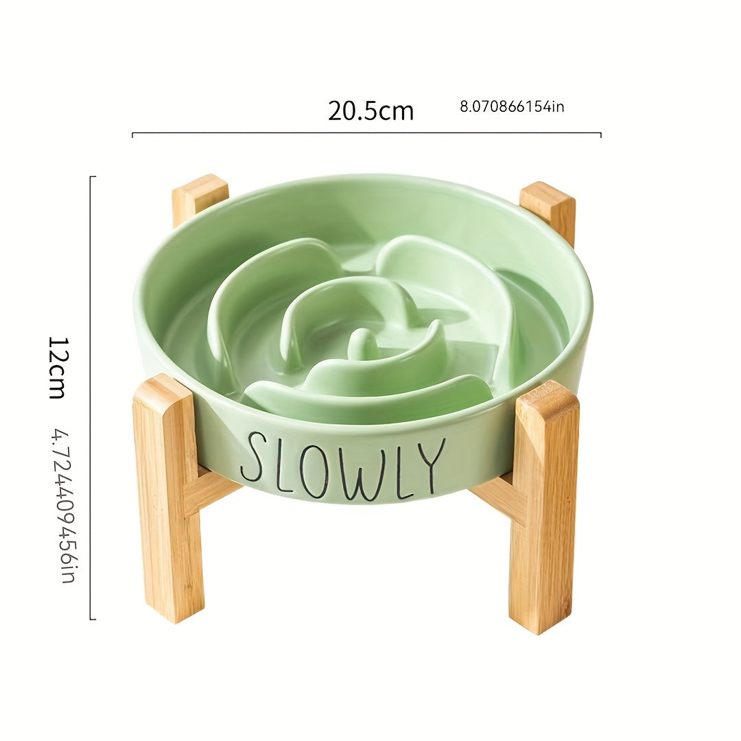 Elevated Cat Bowl, Ceramic Slow Feeder Cat Puzzle Food Bowl Water Bowl With Wooden Stand, Anti-choking Raised Dog Cat Basin To Slow Down Eating
