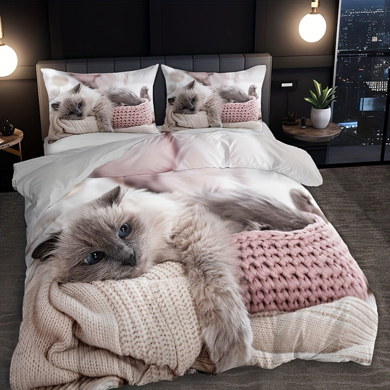 3-Piece Cat Print Bedding Set - 1 Duvet Cover & 2 Pillowcases, Breathable Polyester, Machine Washable, All-Season Comfort