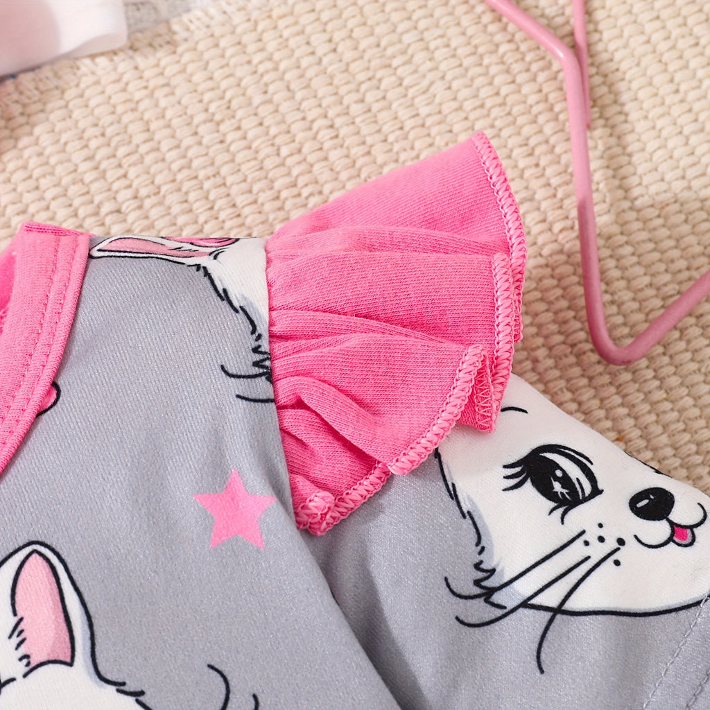 Newborn Baby Girls Cute Cartoon Cat Print Short-sleeved Comfortable Jumpsuit With Bow Headband Baby Summer Clothing