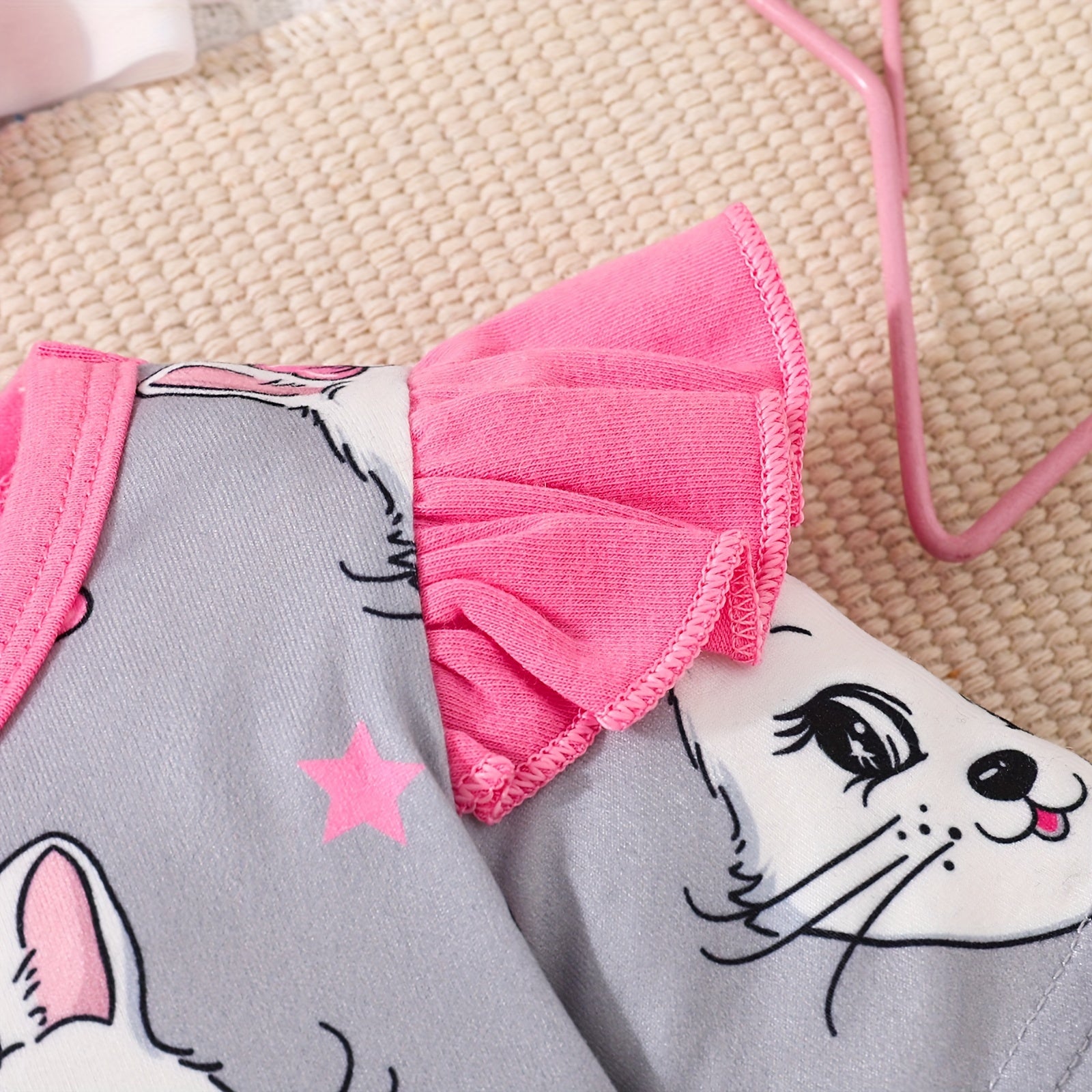 Newborn Baby Girls Cute Cartoon Cat Print Short-sleeved Comfortable Jumpsuit With Bow Headband Baby Summer Clothing