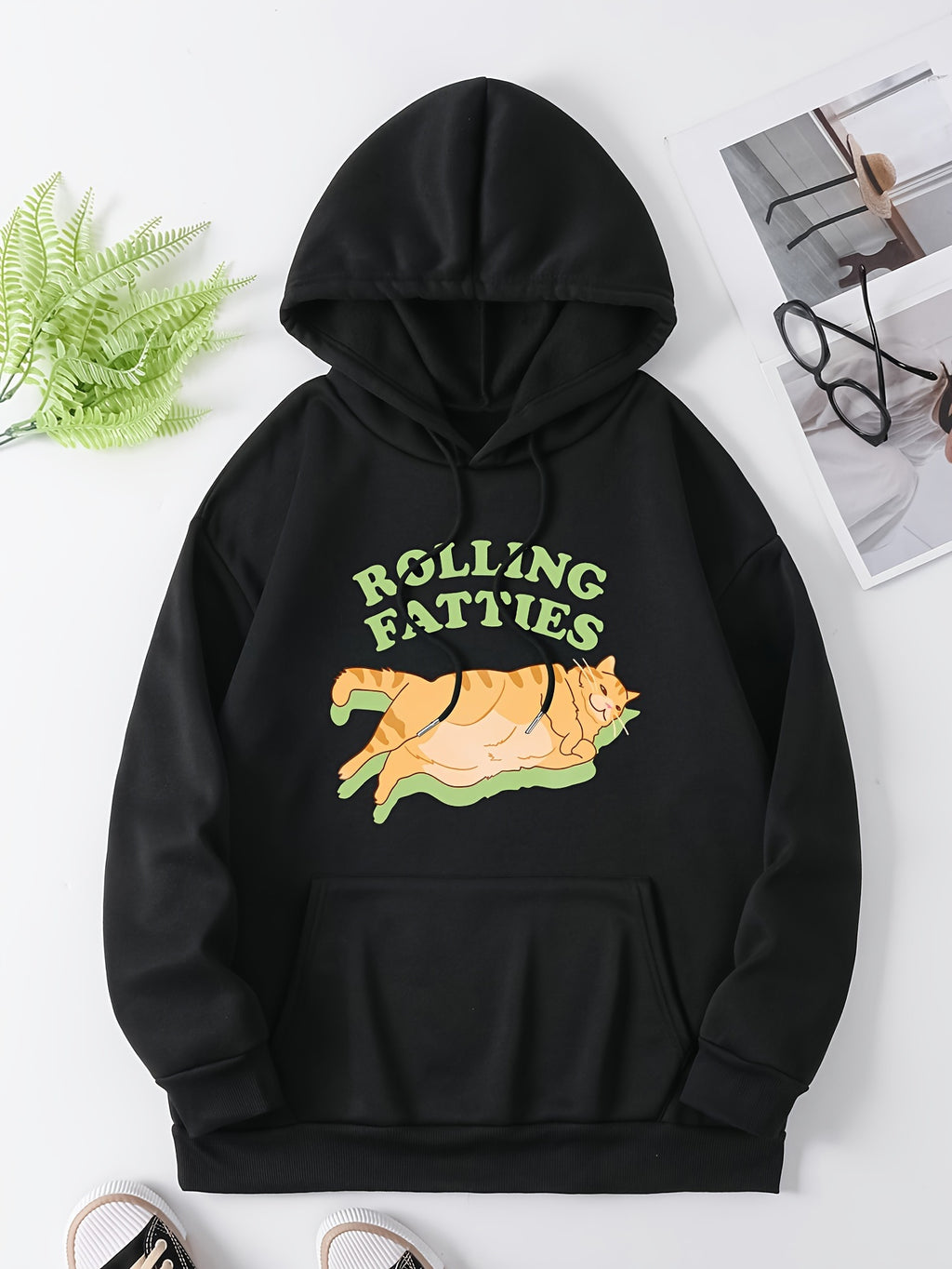 Cute Cat & Letter Print Drawstring Hoodie, Casual Long Sleeve Kangaroo Pocket Sweatshirt, Women's Clothing