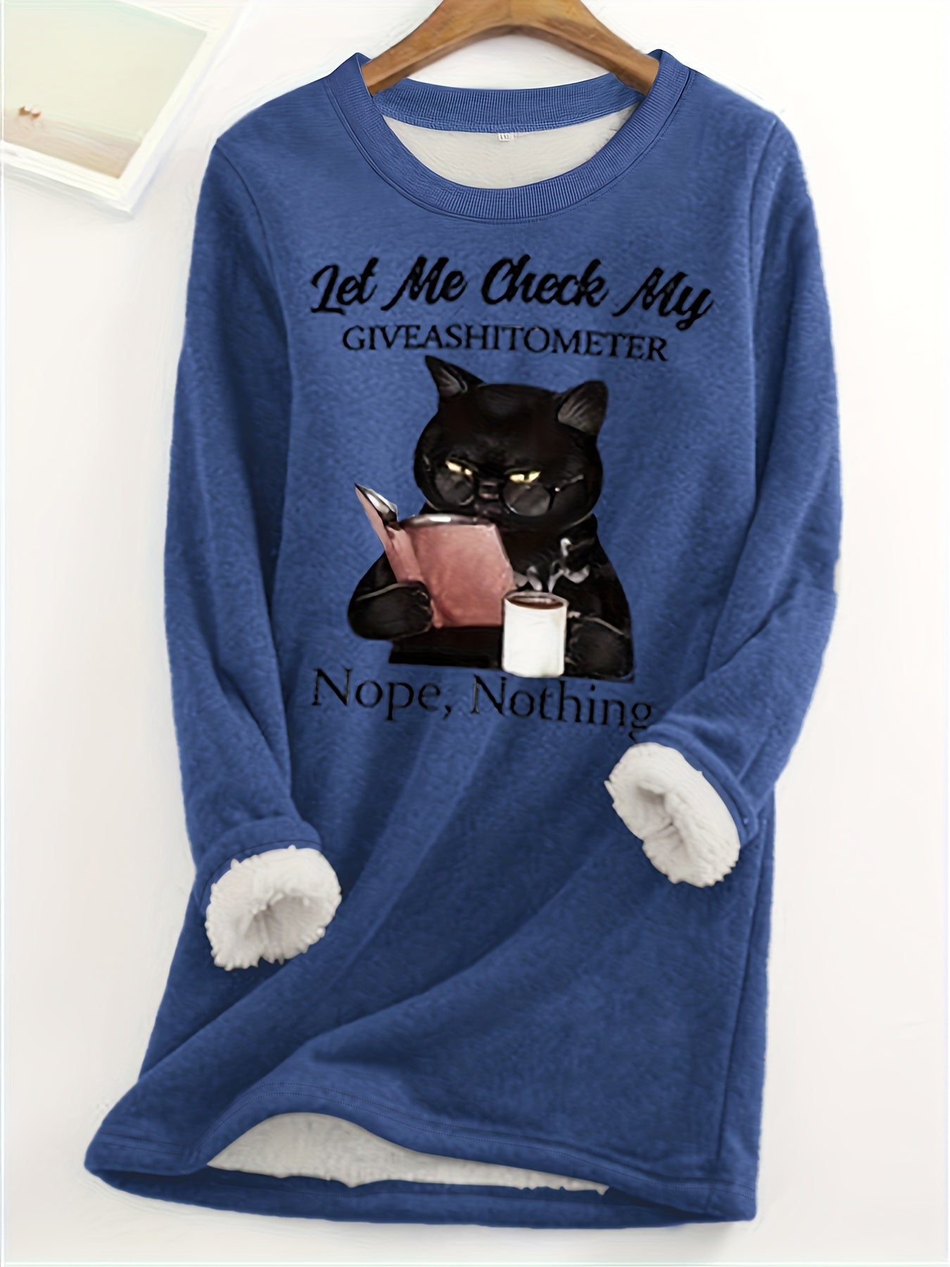 Cozy Plus Size Cat Print Top - Flattering Plush Lined Crew Neck - Stylish Womens Long Sleeve Shirt for Casual Wear