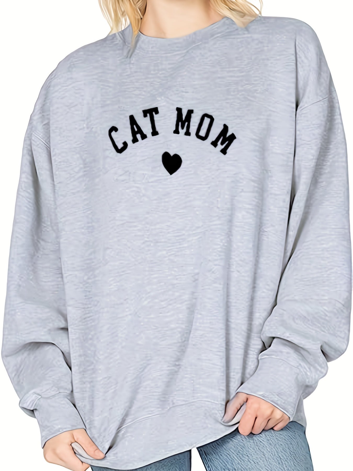 Cat Mom & Heart Print Sweatshirt, Casual Long Sleeve Crew Neck Sweatshirt For Spring & Fall, Women's Clothing