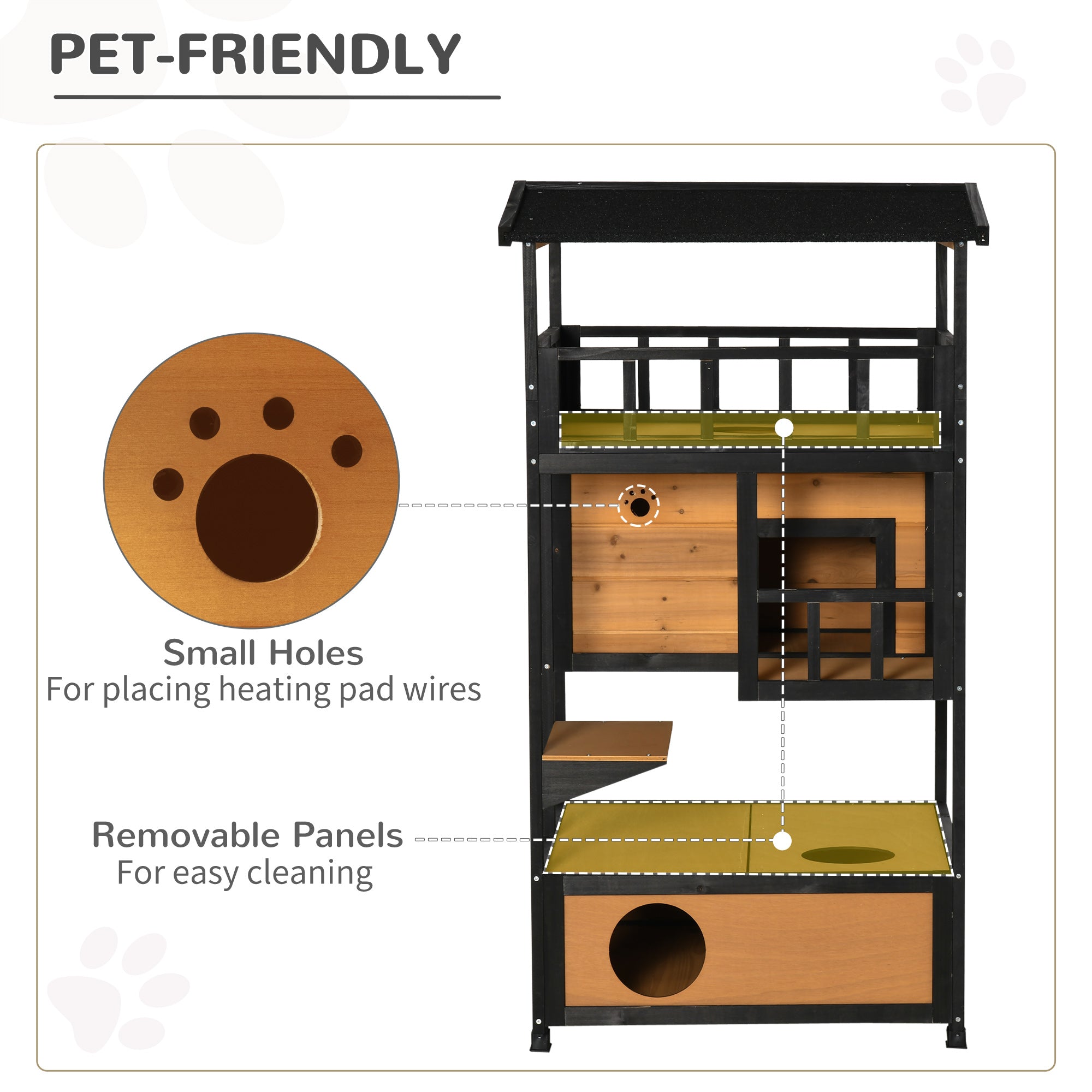 Wooden Outdoor Cat House 3-Tier for Winter Kitten Shelter Lodge w/ Tilted Roof Terrace Jump Step Bottom Tray Elevated Base Waterproof Paint
