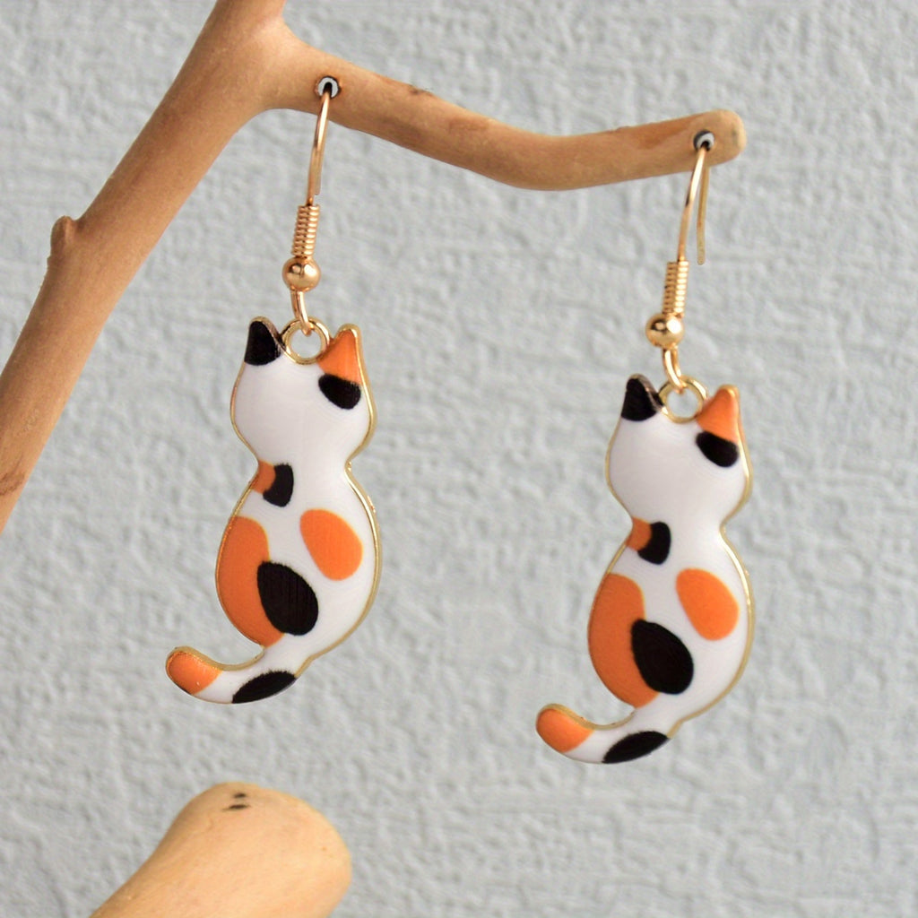 Cute Enamel Cat Design Dangle Earrings Cartoon Style Zinc Alloy Jewelry Adorable Gift For Women   Daily Casual