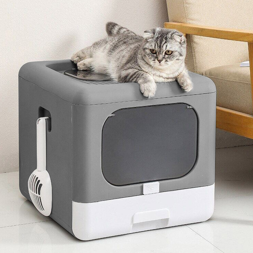 Durable Cat Litter Tray Box, Foldable Top Entry Large Cats Toilet with Lid - Hooded Kitten Litter Tray Easy Cleaning Drawer Design with Scoop | Grey, Anti-odor