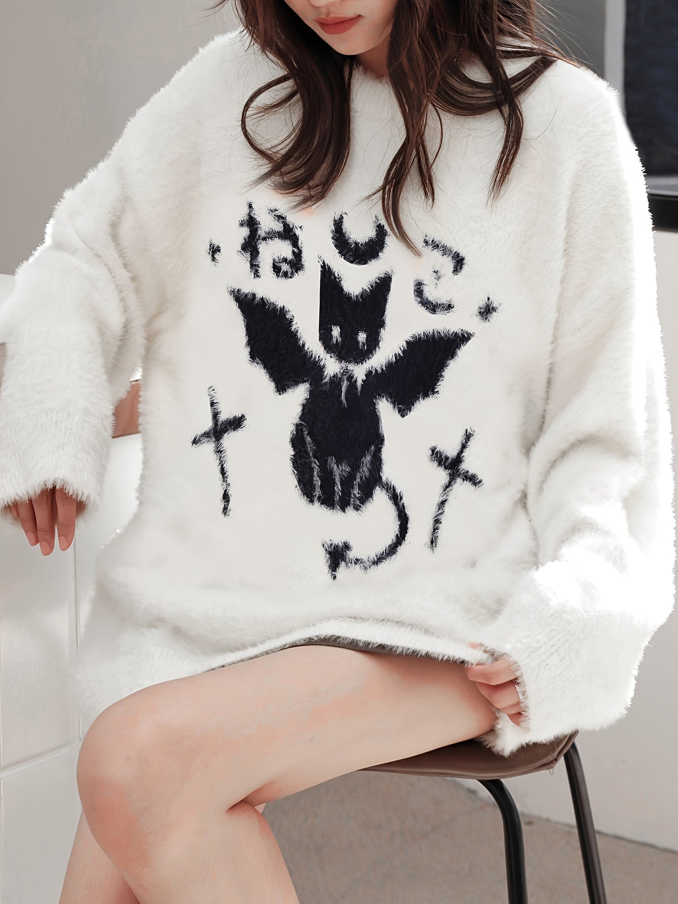 Cute Cat Pattern Plush Pullover Sweater, Casual Long Sleeve Loose Cozy Sweater, Women's Clothing