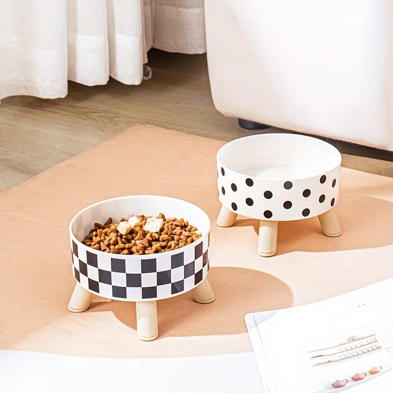 Elevated Whisker Delight Cat Bowl - Vibrant Graphic Pattern, Sturdy Wooden Stand, Easy-to-Clean, Raised Design - Perfect for Indoor Feline Friends, Spacious Feeder Bowl, Convenient Water Basin