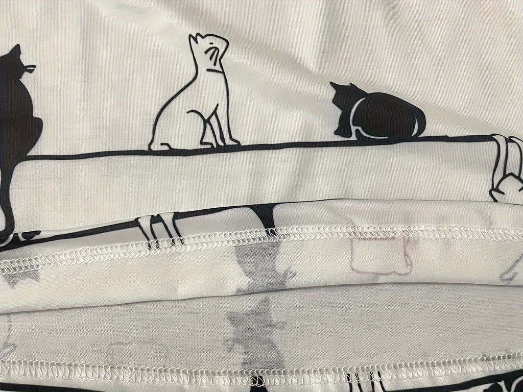 Cute Cat Print V Neck T-shirt, Casual Long Sleeve Top For Spring & Fall, Women's Clothing