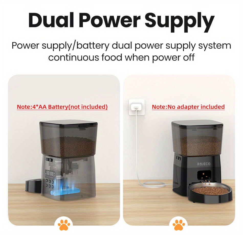 ROJECO Automatic Cat Food Dispenser, 2L Auto Cat Feeder, Timed Cat Feeder Program 1-6 Meals Control, Automatic Cat Feeder With Stainless Steel Bowl & Dual Power Supply, Automatic Pet Feeder For Cats & Dogs, No Adapter Include