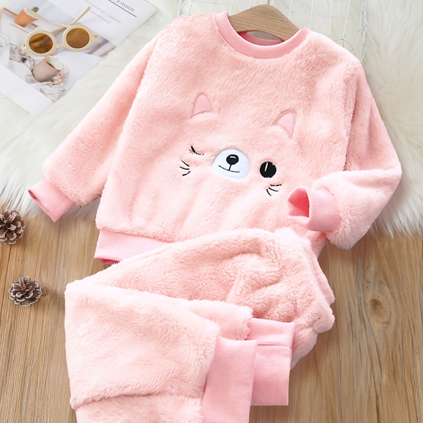 Girl's Cat Embroidered Outfit 2pcs, Fuzzy Fleece Sweatshirt & Jogger Pants Set, Soft Loungewear, Kid's Clothes For Spring Fall