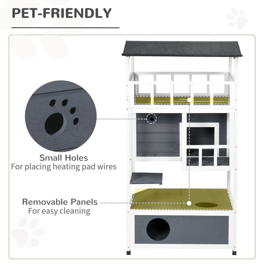 Wooden Outdoor Cat House 3-Tier for Winter Kitten Shelter Lodge w/ Tilted Roof Terrace Jump Step Bottom Tray Elevated Base Waterproof Paint