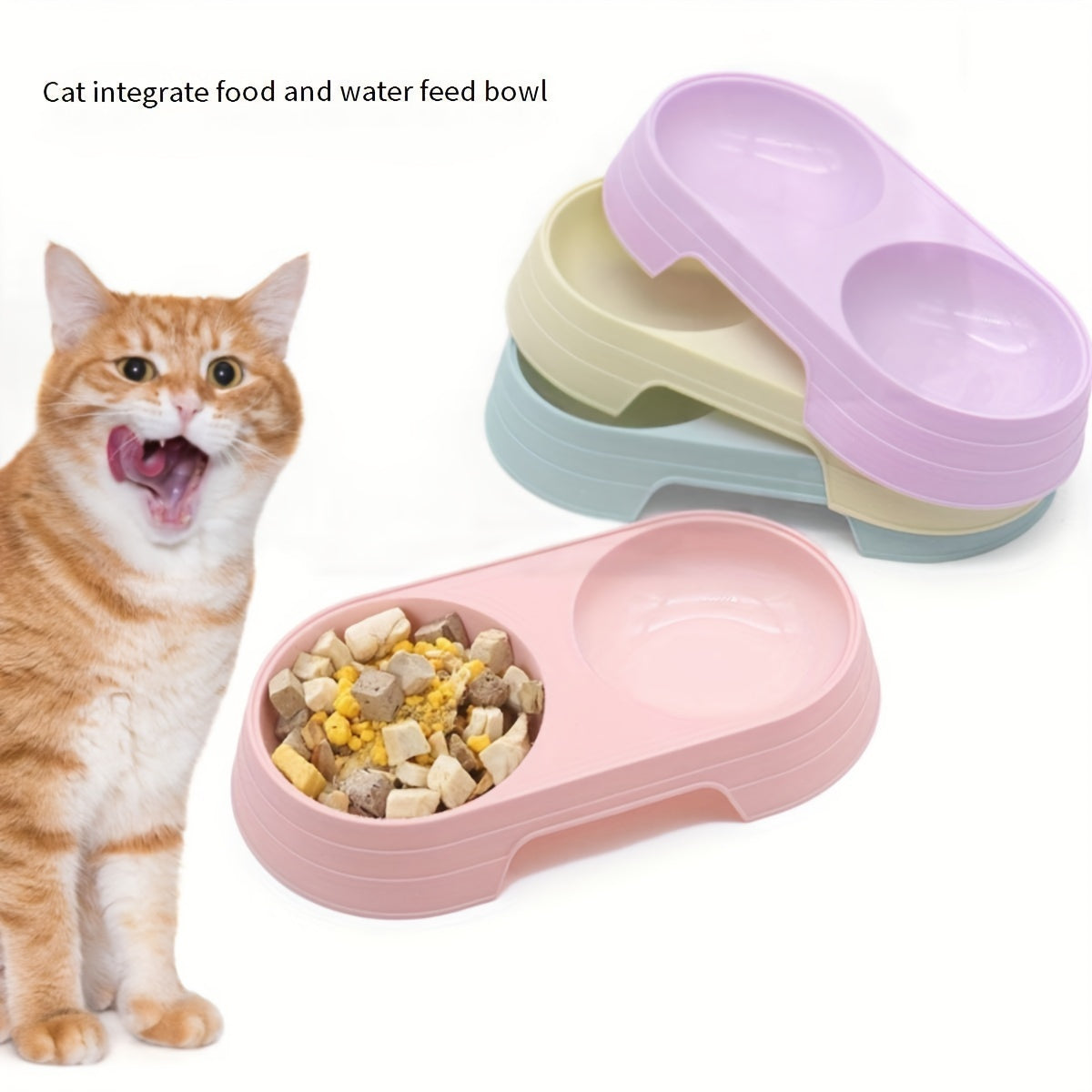 Cat Food and Water Bowl Set, Dual-Compartment Feeding Dish, Non-Slip Pet Feeding Station, Durable PP Material, Ideal for Cats