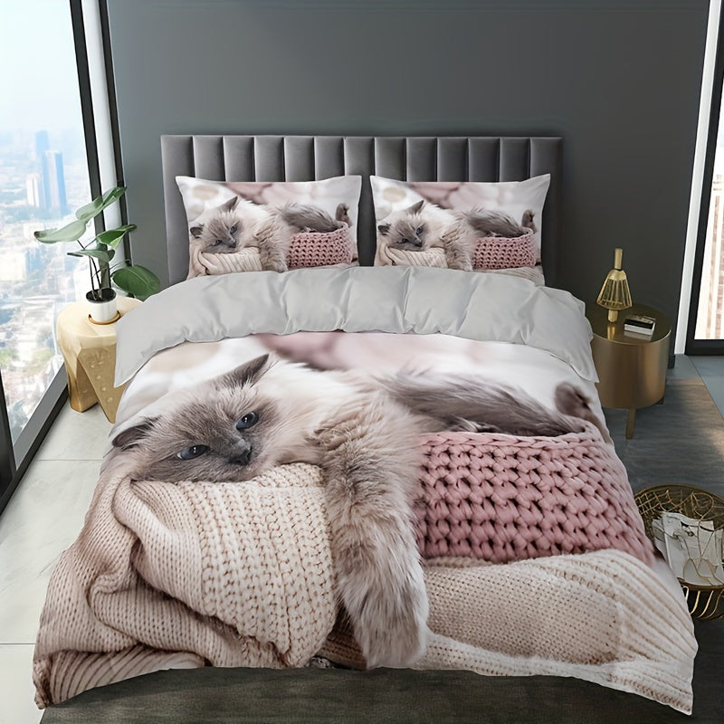 3-Piece Cat Print Bedding Set - 1 Duvet Cover & 2 Pillowcases, Breathable Polyester, Machine Washable, All-Season Comfort