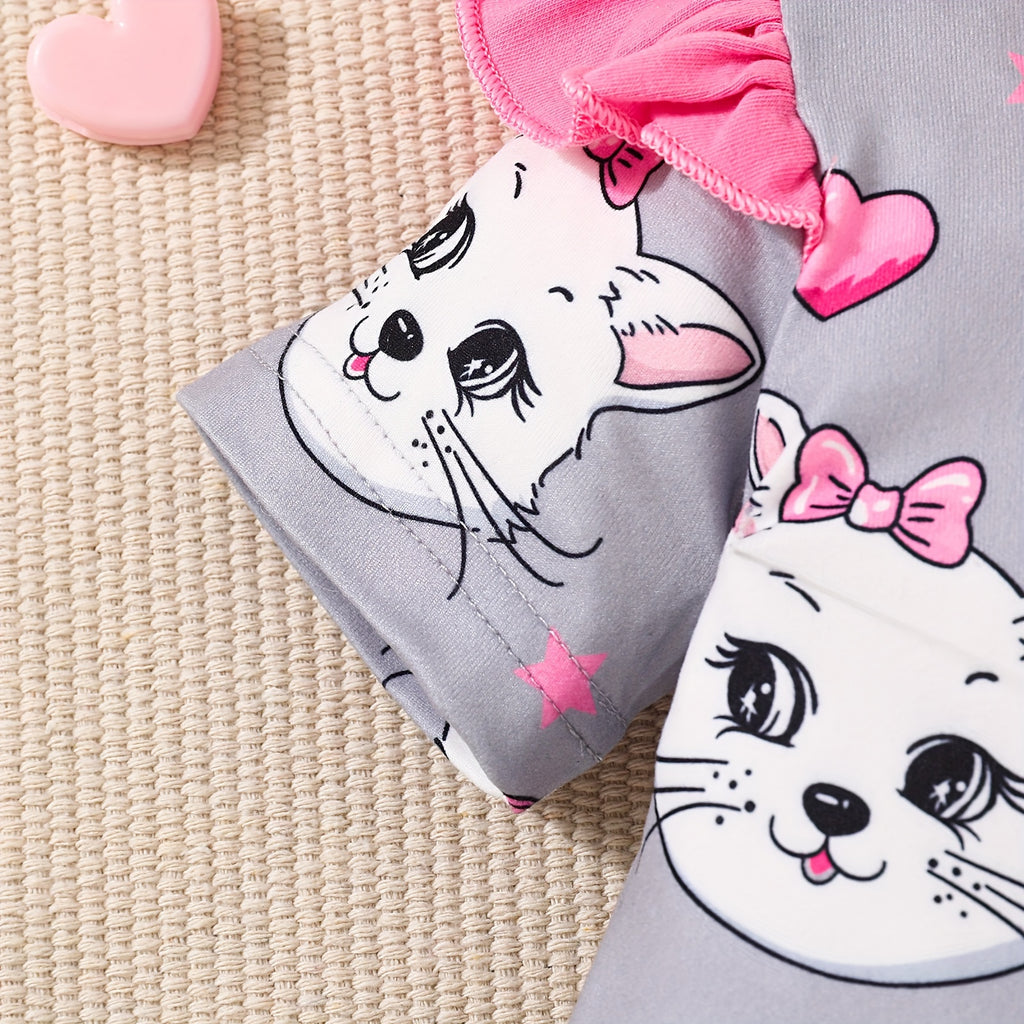 Newborn Baby Girls Cute Cartoon Cat Print Short-sleeved Comfortable Jumpsuit With Bow Headband Baby Summer Clothing