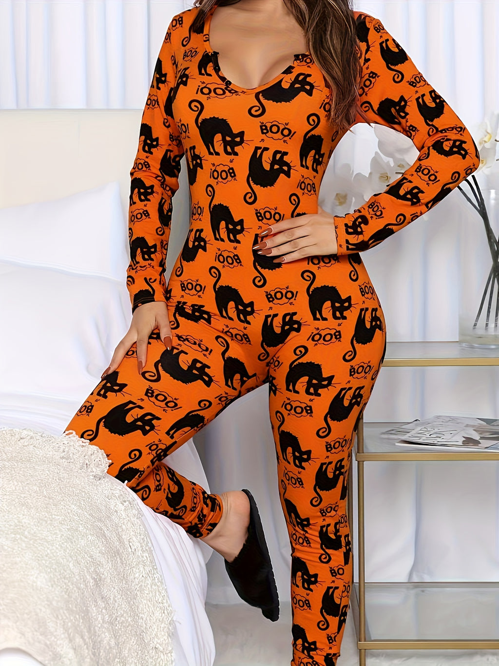 Whimsical Halloween Cat Print Unitard - Soft Mid-Elasticity Polyester Jumpsuit with V-Neck, Long Sleeves, and Casual Style - Perfect for Spring and Fall Seasons