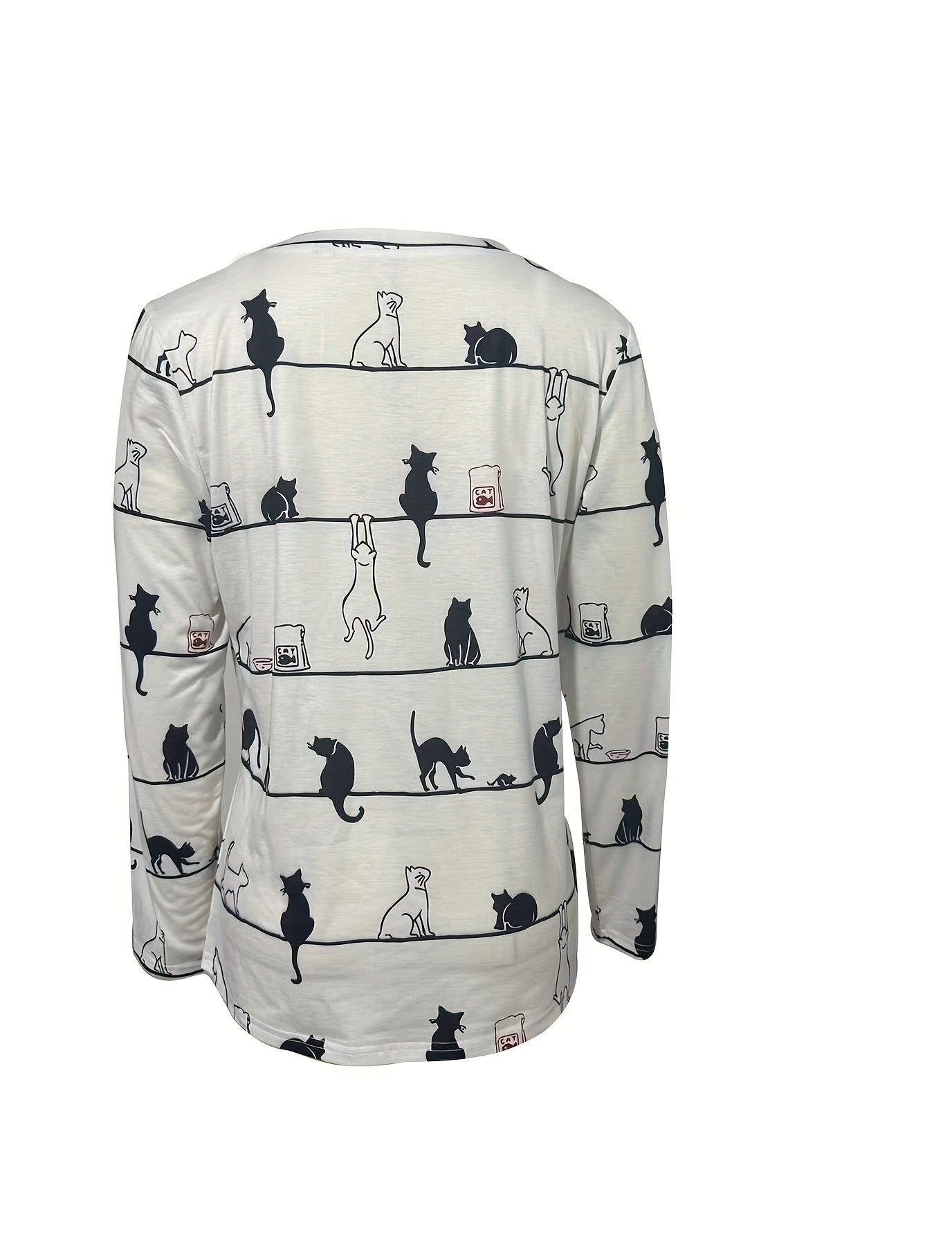 Cute Cat Print V Neck T-shirt, Casual Long Sleeve Top For Spring & Fall, Women's Clothing