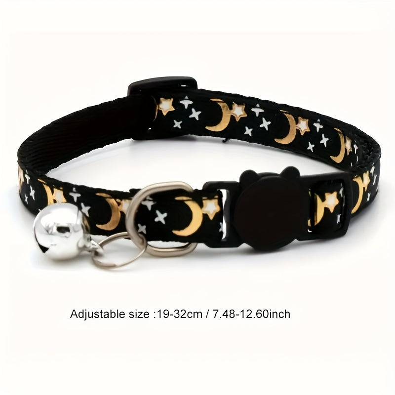 Stylish Adjustable Breakaway Cat Collar with Bell - Polyester Geometric Moon Star Pattern Necklace - Durable, Comfortable, and Safe for Your Feline Friend