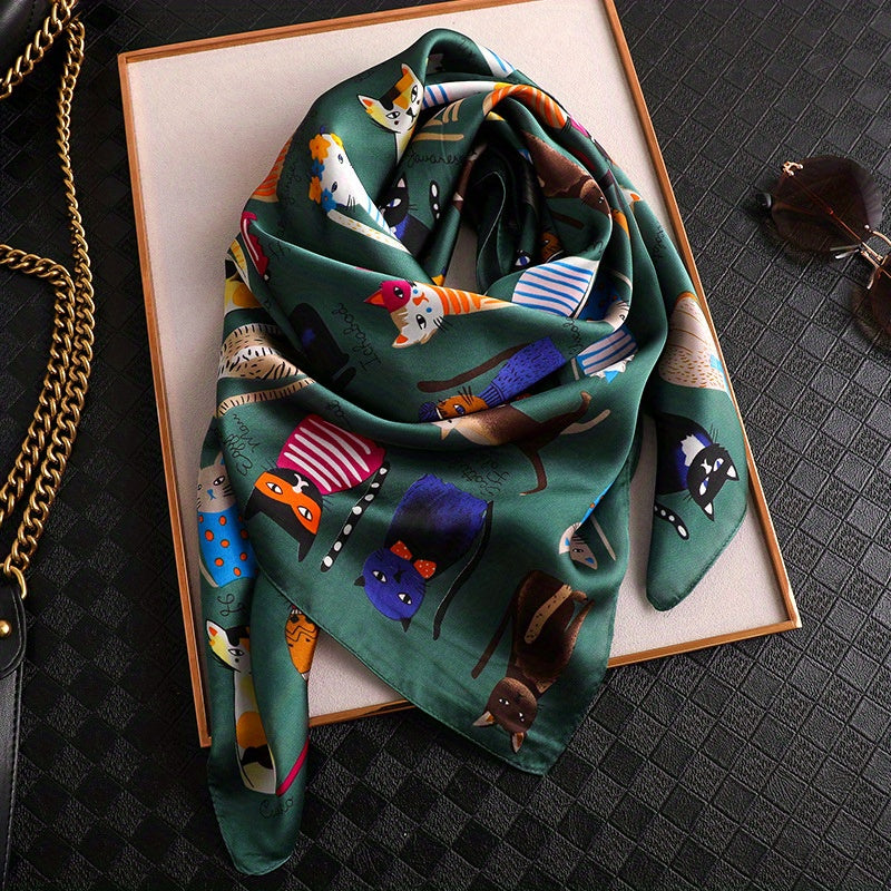 Cartoon Cat Pattern Polyester Square Scarf for Women, Cute Style, Decorative & Windproof, Breathable, Non-Elastic, with Hand Wash/Dry Clean for Parties