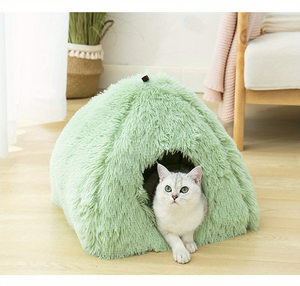 Long Plush Cozy Cat Cave Bed - Soft Polyester Pet House with Non-Slip Bottom, Removable Washable Pads & Arched Entrance Tunnel for Warmth & Comfort, Cute Hideout for Kittens & Cats, Pet Relaxation Space | Cute Cat Cave | Fluf
